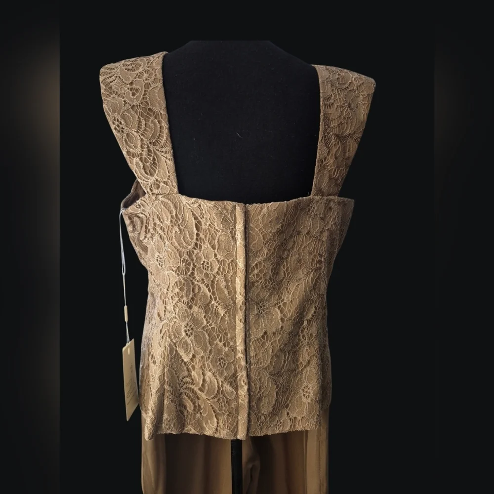 Elegant Nude Taupe Lace Corset Top Chiffon Shrug Wide Leg Pant Suit Set - Size X - Picture 4 of 6